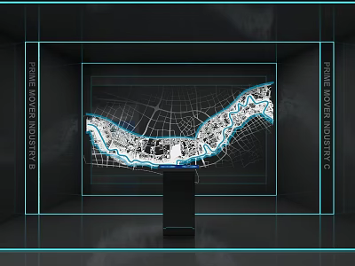 3D City Planning Model Exhibition In Space With Blue Lines And Grid Projection 3d model