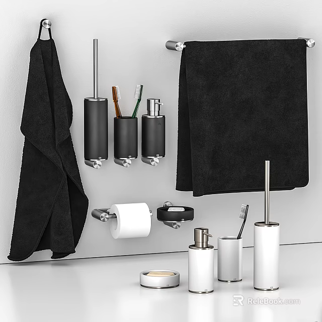 Modern Bathroom Accessories with Black Towel Rack Toothbrush Holder and Toilet Paper Dispenser 3d model 