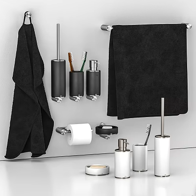 Modern Bathroom Accessories with Black Towel Rack Toothbrush Holder and Toilet Paper Dispenser 3d model