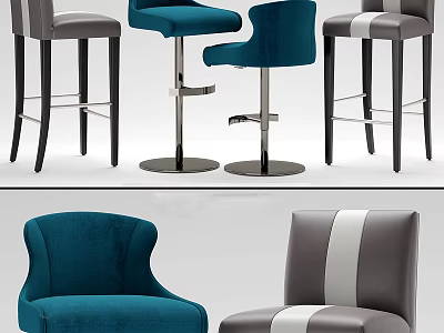 Modern Blue And Gray Leather Bar Stools With Striped Design Metal Base And Wooden Legs 3d model