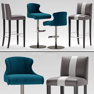 Modern Blue And Gray Leather Bar Stools With Striped Design Metal Base And Wooden Legs 3d model