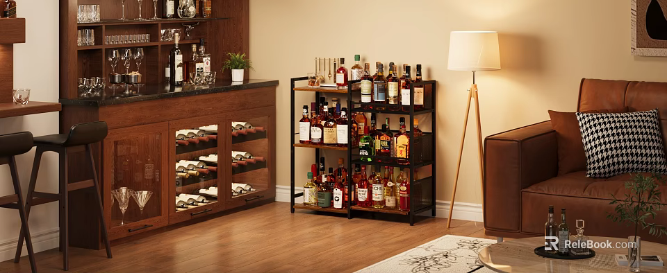 Stylish Wine Shelf with Various Bottles and Table Lamp in Modern Living Room 3d model 