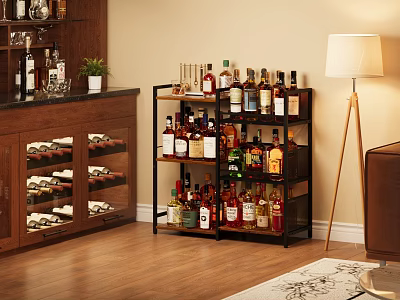 Stylish Wine Shelf with Various Bottles and Table Lamp in Modern Living Room 3d model