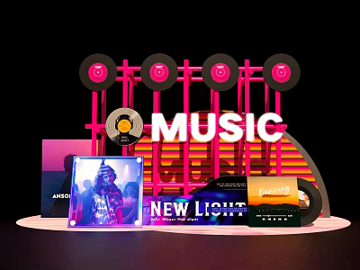 Music Themed Photo Spot With Vinyl Records MUSIC Sign Album Covers And Colorful Lights 3d model