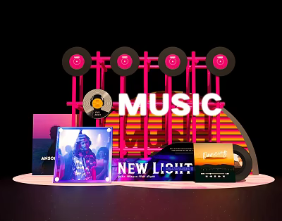 Music Themed Photo Spot With Vinyl Records MUSIC Sign Album Covers And Colorful Lights 3d model