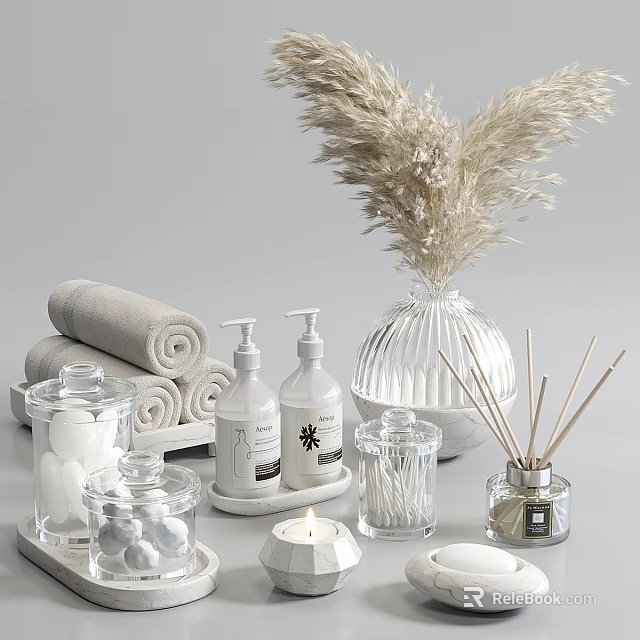 Washing Daily Essentials Display With Rolled Towels Soap Bottles Candle And Diffuser Sticks 3d model 