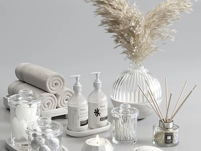 Washing Daily Essentials Display With Rolled Towels Soap Bottles Candle And Diffuser Sticks 3d model