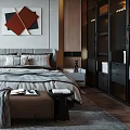 Elegant Modern Bedroom Interior With Bed Decorative Artwork Nightstand Rug And Wardrobe