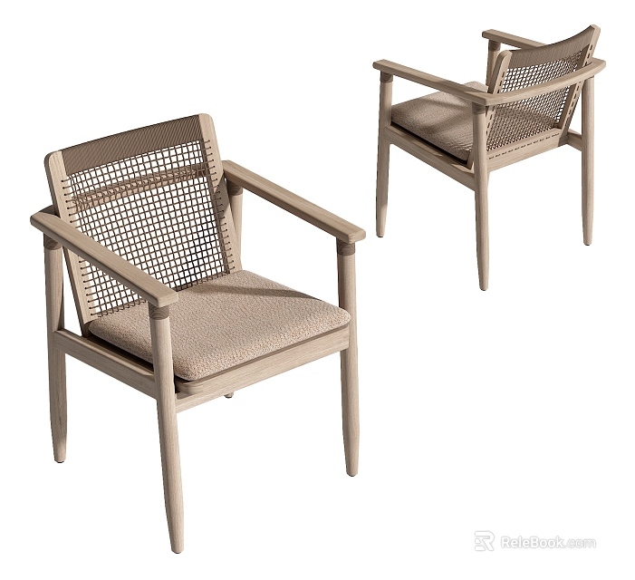 Modern Single Chair With Wooden Frame Rattan Woven Back And Fabric Seat Cushion 3d model 