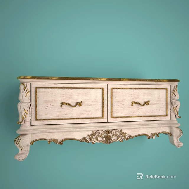 Vintage White TV Stand With Gold Accents Two Drawers And Carved Details 3d model 
