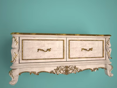 Vintage White TV Stand With Gold Accents Two Drawers And Carved Details 3d model