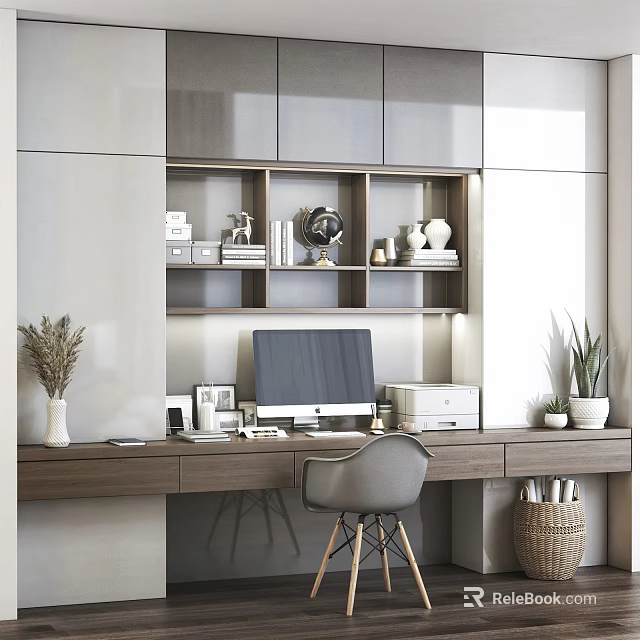 Modern Home Office Bookshelf with Wooden Desk Computer Books Ornaments and Potted Plants 3d model 