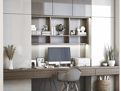 Modern Home Office Bookshelf with Wooden Desk Computer Books Ornaments and Potted Plants 3d model