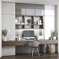 Modern Home Office Bookshelf with Wooden Desk Computer Books Ornaments and Potted Plants