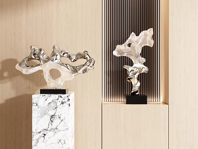 Modern Silver Sculptures On Marble Bases Against Wooden Wall With Vertical Stripes 3d model