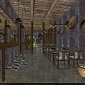 Rustic Style Beauty Hair Salon With Wooden Decor Stone Walls And Hanging Lamps