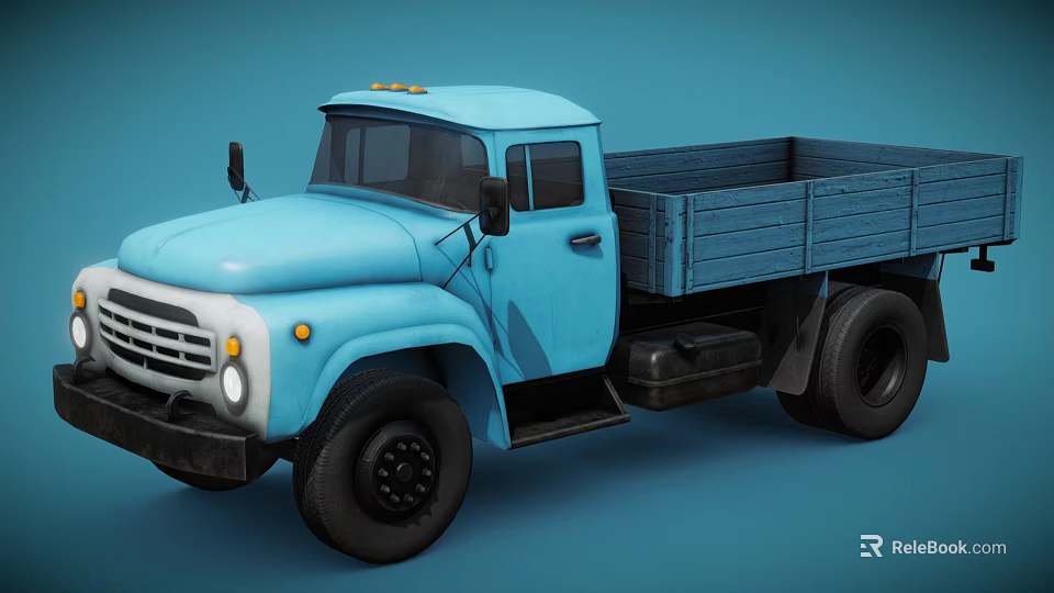 Vintage Blue Truck With Open Cargo Bed Classic Cab And Black Tires On Blue Background 3d model 