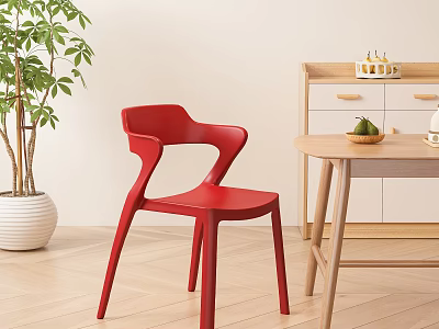 Red Modern Leisure Chair With Wooden Table And Green Plant In Light Room 3d model