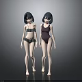 Two Women With Short Hair Wearing Bikini And One Piece Swimsuit In Gray Background