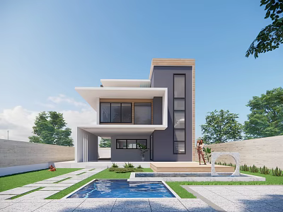 Modern Detached Villa With Swimming Pool Contemporary Architecture And Spacious Lawn 3d model