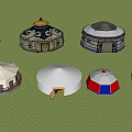 Various Styled Traditional Yurts Displayed Outdoors With Trees And Cactus