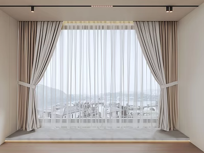 Beige Linen Curtains With Sheer Layer Tied Back In Modern Interior Window View 3d model