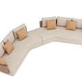 Modern Curved Beige Sectional Sofa With Tan Throw Pillows And Brown Armrests 3d model