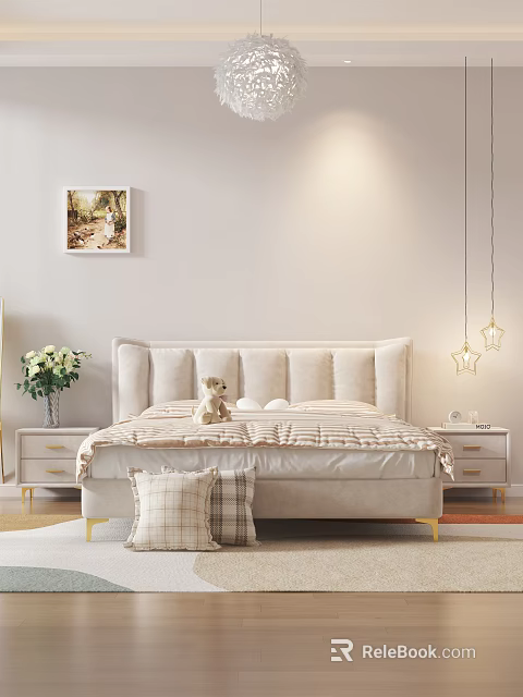 Cozy Double Bed With Upholstered Headboard Golden Legs Bedside Tables White Flowers And Wall Art 3d model 