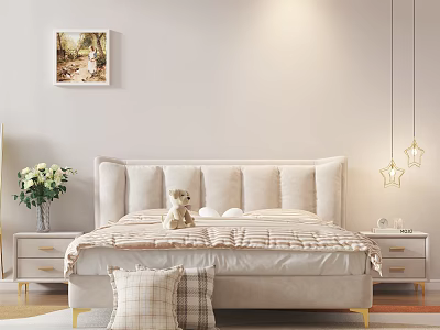 Cozy Double Bed With Upholstered Headboard Golden Legs Bedside Tables White Flowers And Wall Art 3d model