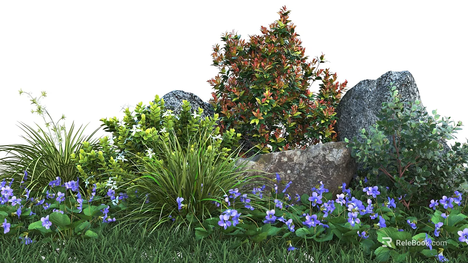Colorful Shrubs With Red Green Leaves Purple Flowers Rocks And Grass 3d model 