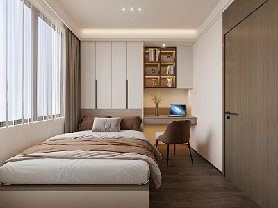 Modern Tatami Bedroom Interior With Bed Desk Chair Large Window White Cabinets And Bookshelf 3d model