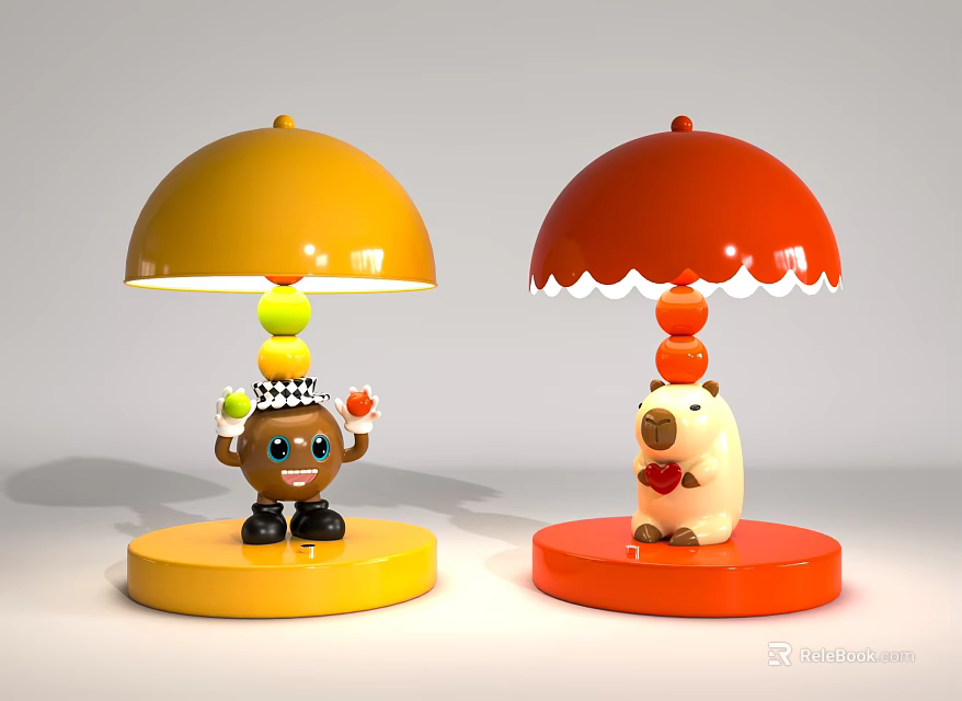 Colorful Cartoon Themed Table Lamps With Yellow Red Shades And Decorative Balls On Round Base 3d model 