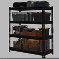 Black Metal Shelving Unit With Storage Bins Tools And Containers On Multiple Shelves 3d model