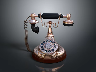 Vintage Rotary Dial Telephone with Gold Black Design and Carved Base Spiral Cord 3d model