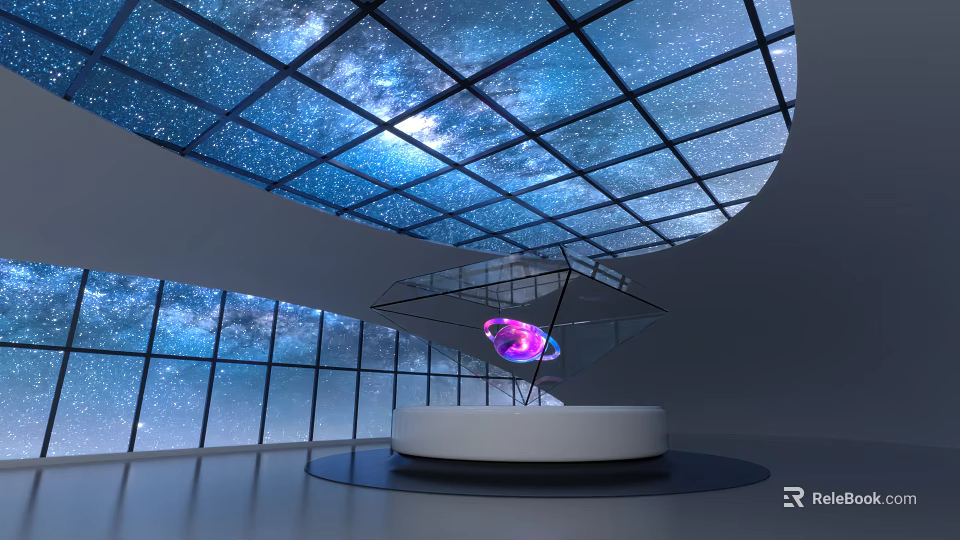 Starry Sky Ceiling Glass Walls Exhibition Space With Circular Platform And Purple Glowing Object 3d model 