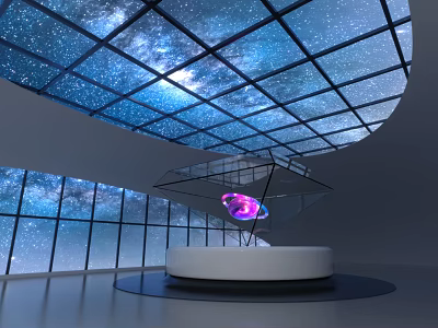 Starry Sky Ceiling Glass Walls Exhibition Space With Circular Platform And Purple Glowing Object 3d model
