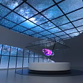 Starry Sky Ceiling Glass Walls Exhibition Space With Circular Platform And Purple Glowing Object