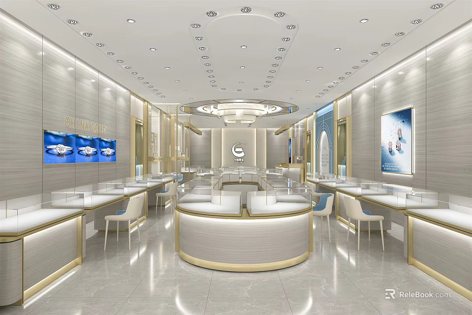 Luxury Jewelry Store Interior With Elegant Display Cases Central Counter Bright Lighting And Modern Decor 3d model 