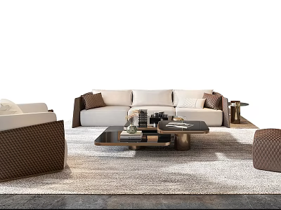 Modern Style Sofa and Coffee Table Combination With White Upholstery Brown Pillows and Area Rug 3d model