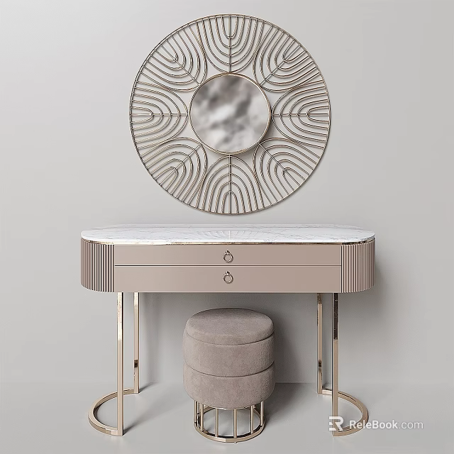 Chic Dressing Table With Round Decorative Mirror Marble Top Metal Legs And Stool 3d model