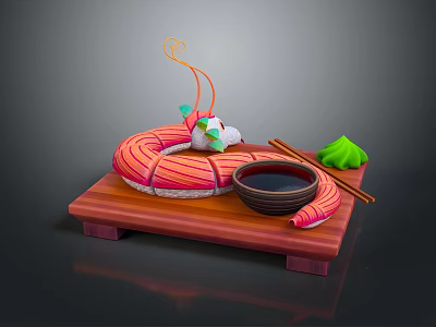 Commercial Catering Equipment Including Wooden Tray Small Bowl Chopsticks And Green Garnish 3d model