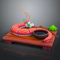 Commercial Catering Equipment Including Wooden Tray Small Bowl Chopsticks And Green Garnish