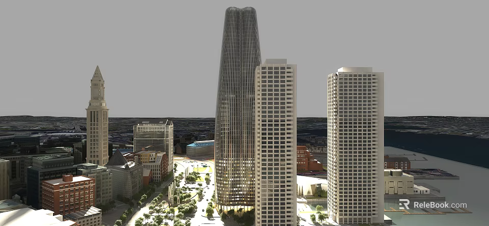 Modern Tall Office Building With Glass Facade In Urban Cityscape Surrounding Skyscrapers 3d model 