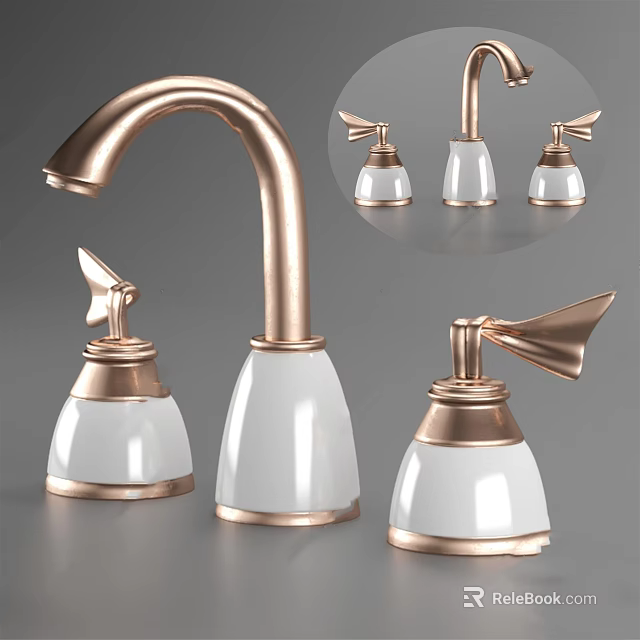 Elegant Rose Gold Bathroom Faucet with White Ceramic Handles and Modern Design 3d model 