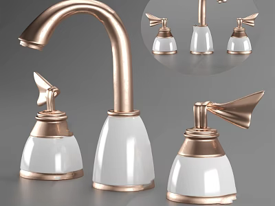 Elegant Rose Gold Bathroom Faucet with White Ceramic Handles and Modern Design 3d model