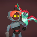 Blue Gray Robot With Yellow Eyes And Colorful Parrot Standing On Hand