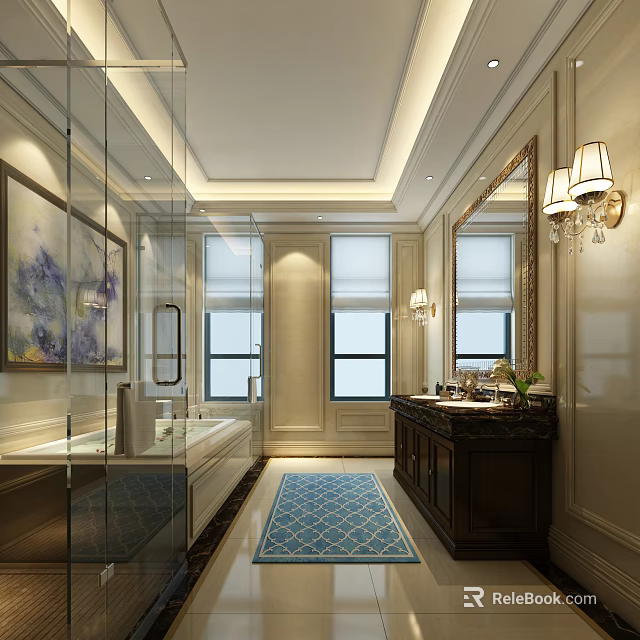 Elegant Luxury Bathroom Interior With Built In Bathtub And Dark Wood Double Sink Vanity Design 3d model 
