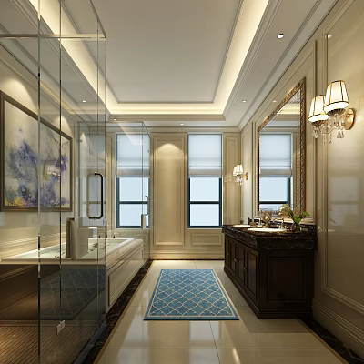 Elegant Luxury Bathroom Interior With Built In Bathtub And Dark Wood Double Sink Vanity Design 3d model