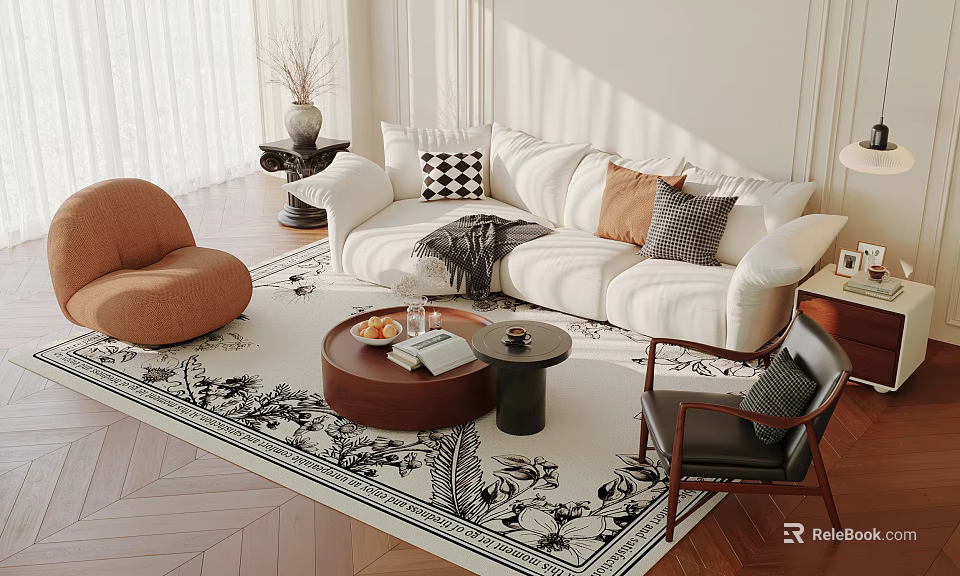 White Sofa and Round Coffee Table Set With Pillows Throw Blanket And Patterned Rug 3d model