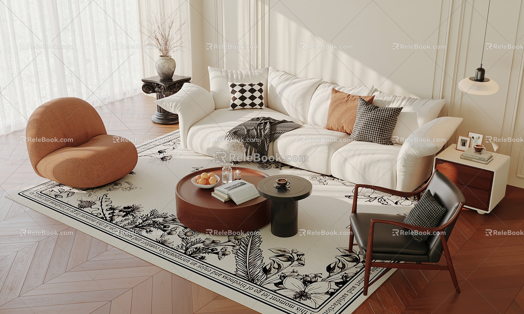 Cream Sofa Combination Coffee Table Vase Decorative Ornaments Carpet Single Sofa 3d model